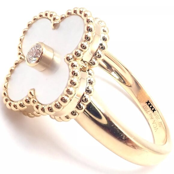 Van Cleef & Arpels Vintage Alhambra 18k Yellow Gold Mother Of Pearl Diamond Ring - Picture 4 of 10